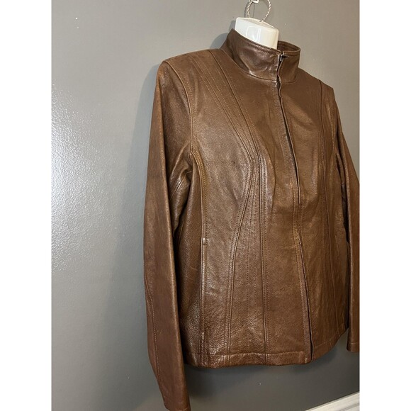 A.n.a Leather Jacket Womens Medium Brown Genuine Leather Zip Front Moto - Picture 3 of 15